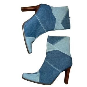 PAPRIKA TWO-TONE BLUE DENIM MID CALF SIDE ZIP HEELED BOOTS, SIZE 6